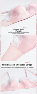 Detail of pink satin bra showing floral lace trim and elastic side wings for support
