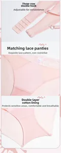 Detailed view of pink lace lingerie set showing 3-row hook eye closure and cotton gusset