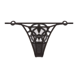 String sexy en dentelle noire pour femmes avec motifs géométriques et anneaux dorés