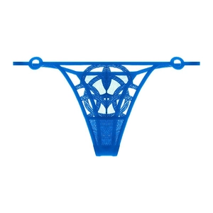 Bright blue lace G-string featuring geometric hollow embroidery and thin side straps
