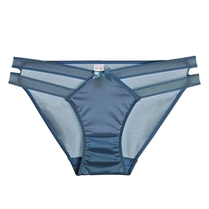 Sexy low-rise seamless ice silk panties in deep sea blue with hollow mesh and bow detail