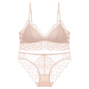 Französisches Spitzen-Dessous-Set mit Triangel-BH und Slip in Nude-Rosa-Farbe