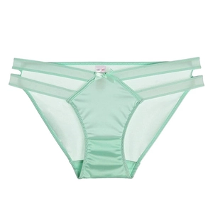 Detail of mint green seamless ice silk panties with lace bow and mesh cutouts