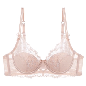 Elegant floral lace bra in pale pink featuring bow details and adjustable double straps