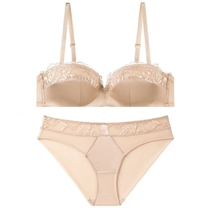 French style seamless lace lingerie set in beige with half-cup bra and matching panties