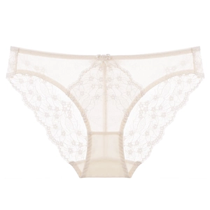 French sexy low-rise lace panties in cream white with delicate bow and floral embroidery