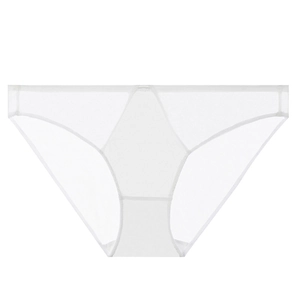 Macro shot of white translucent lace mesh panties with elastic edge detailing