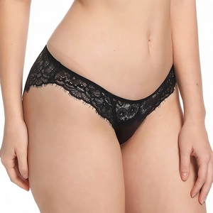 Close-up of black floral lace and silky satin fabric on sexy low-rise women's panties