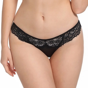 Close-up of black floral lace details and scalloped edges on low-waist sexy panties