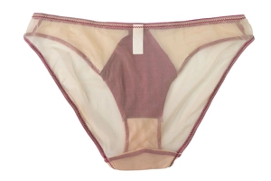 Detail of sheer nude mesh panties with red cotton crotch lining and wavy edge stitch