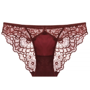 Burgundy floral lace lingerie for women featuring sheer scalloped edges and silk satin panel