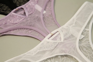 Detailed embroidery and lace mesh panties with gold metal ring and hollow back design
