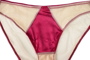Detail of burgundy satin and beige mesh stitching with zigzag quilting on panties