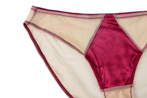 Detailed view of burgundy satin and beige mesh stitching on low-waist panties