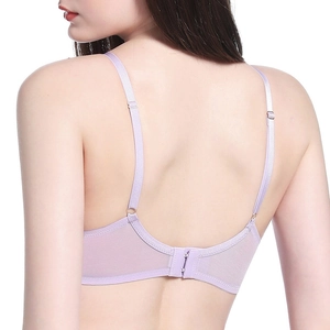 Light purple French lace bra featuring adjustable straps and double hook back closure