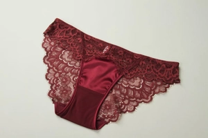Detailed view of burgundy floral lace and silky satin embroidery on these low waist panties