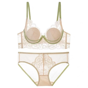 Elegant French lace lingerie set with floral embroidery and green trim accents