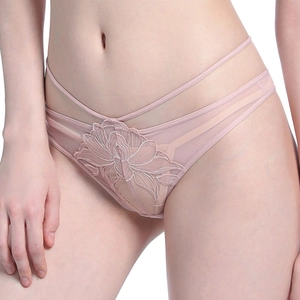 Détail d'une culotte taille basse en dentelle rose avec broderie florale et tulle fin