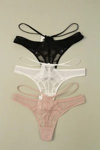 Detailed embroidery on a three-color set of floral lace thongs with thin dual waist straps