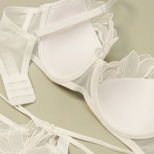 Detailed close-up of white floral embroidery lace bra with breathable mesh and underwire