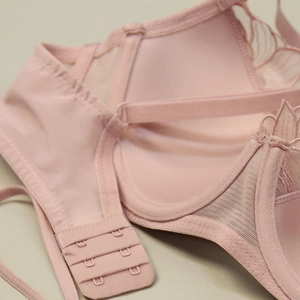 Close-up of triple hook-and-eye back closure and mesh wings on lace embroidery bra