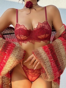 Detail of dark red lace lingerie set with floral embroidery and rose choker necklace