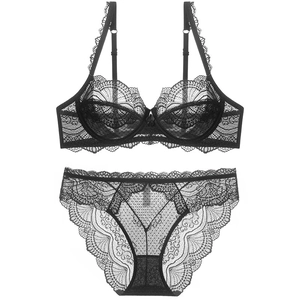 French style black lace lingerie set with ultra-thin sheer bra and matching panties