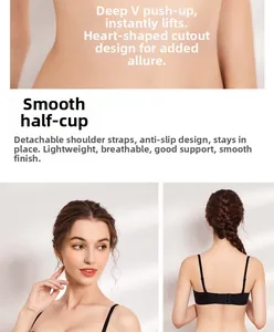 Detail view of black seamless half-cup bra showing push-up effect and non-slip back straps
