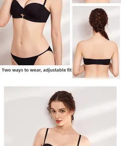 Detailed view of seamless black lingerie set with versatile straps for two wearing styles