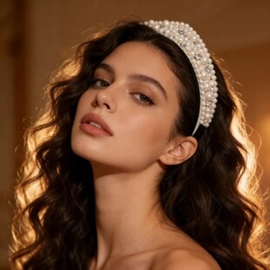 Detail of luxury wide headband with white pearls and sparkling rhinestone embellishments