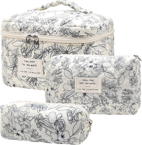 Detailed set of three floral quilted cotton cosmetic bags in various sizes with top handles