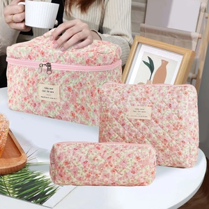 Three-piece floral quilted makeup bag set including large tote and small pouches