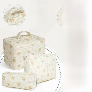 Detail view of large capacity floral quilted cosmetic bag set with metallic double zippers