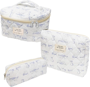 Three-piece quilted cotton floral makeup bag set with cat patterns and zipper closures