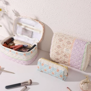Detailed set of three floral quilted cotton cosmetic bags with vintage patterns and zippers