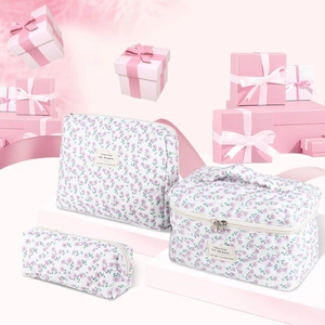 Detailed set of three floral quilted makeup bags in various sizes for travel storage
