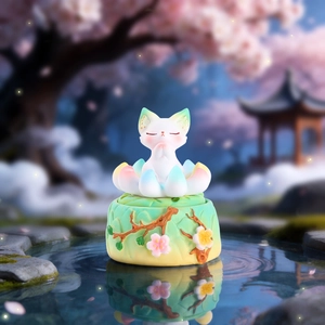 Detail of cute white fox kitten praying on a lotus base in a cherry blossom garden