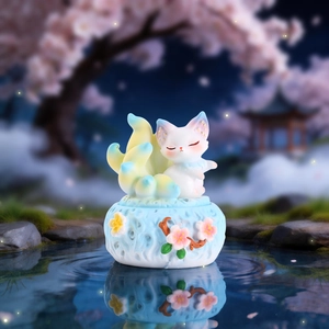 Close-up of a white Nine-Tailed Fox censer with pastel gradient tails and cloud relief base