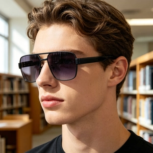 Detail of square black sunglasses with purple gradient lenses worn by a model in library
