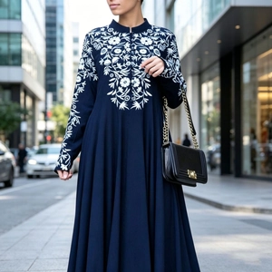 Dames Etnische Bloemen Borduursel Abaya Maxi Jurk Opstaande Kraag Lange Mouw Moslim Kaftan Lange Japon Elegante Polyester Jurk