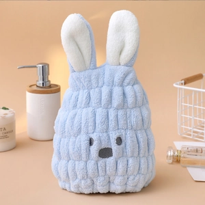 Absorbent coral fleece bunny ear hair drying cap for kids with cute cartoon design