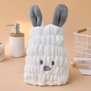 Cartoon rabbit ear coral fleece hair drying cap for kids with high absorbent microfiber