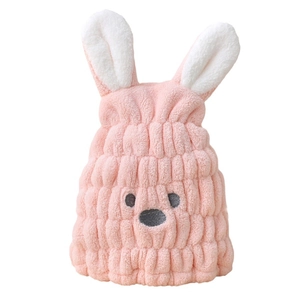 Pink coral fleece dry hair cap for kids with cute bunny ears and cartoon bear face embroidery