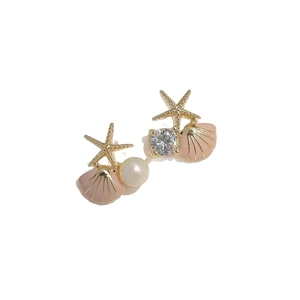 Chic gold starfish and pink shell stud earrings with pearls and crystals on white background