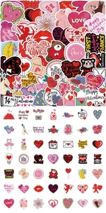 Flat lay showing various waterproof Valentine heart stickers for laptops and water bottles