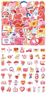 Macro view of waterproof Valentine's Day stickers with heart, envelope and love patterns