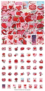 Detailed grid layout of 50 unique Valentine's Day stickers with hearts and roses