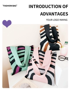 Detailed view of knitted striped tote bags in green, pink, and brown colorways