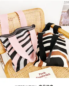 Detail of knitted tote bags with striped patterns on a minimalist wooden chair setting