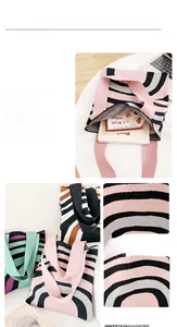 Macro detail of high-capacity knitted tote bag showing stripe texture and fabric density